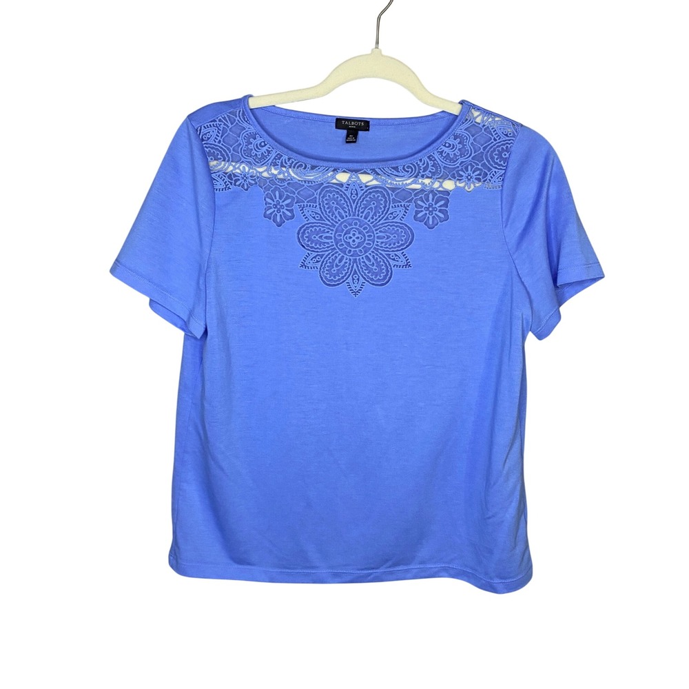 Talbots Womens MP Periwinkle Blue Lace Yoke Embroidered‎ Short Sleeve Knit Top